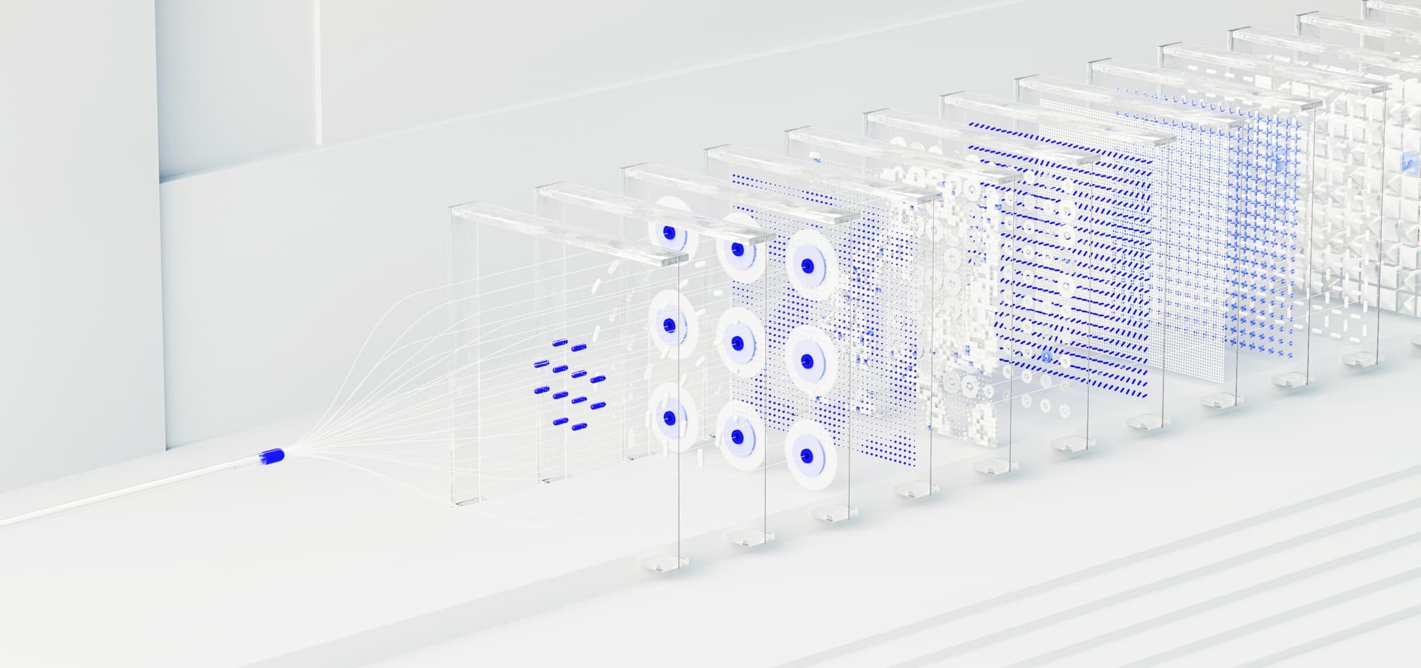 Abstract image with transparent layers, blue patterns, dots, and circles, symbolizing data flow and tech.